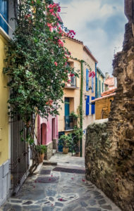 Village alley in Collioure in autumn Village alley in Collioure in autumn